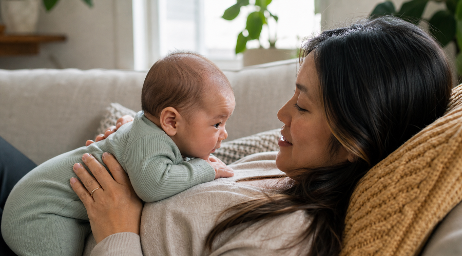 Chest-to-chest tummy time can make the first practice feel safe, close, and connected.