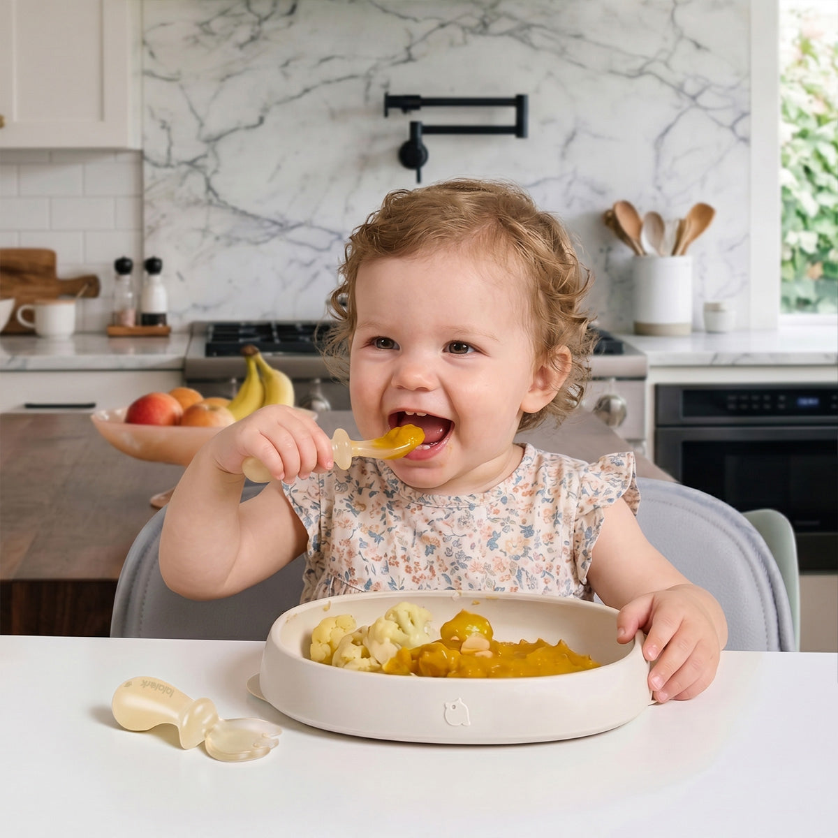 lalalark 3-in-1 Stage-Based PPSU Feeding Set with Spoon & Fork, Oat Milk