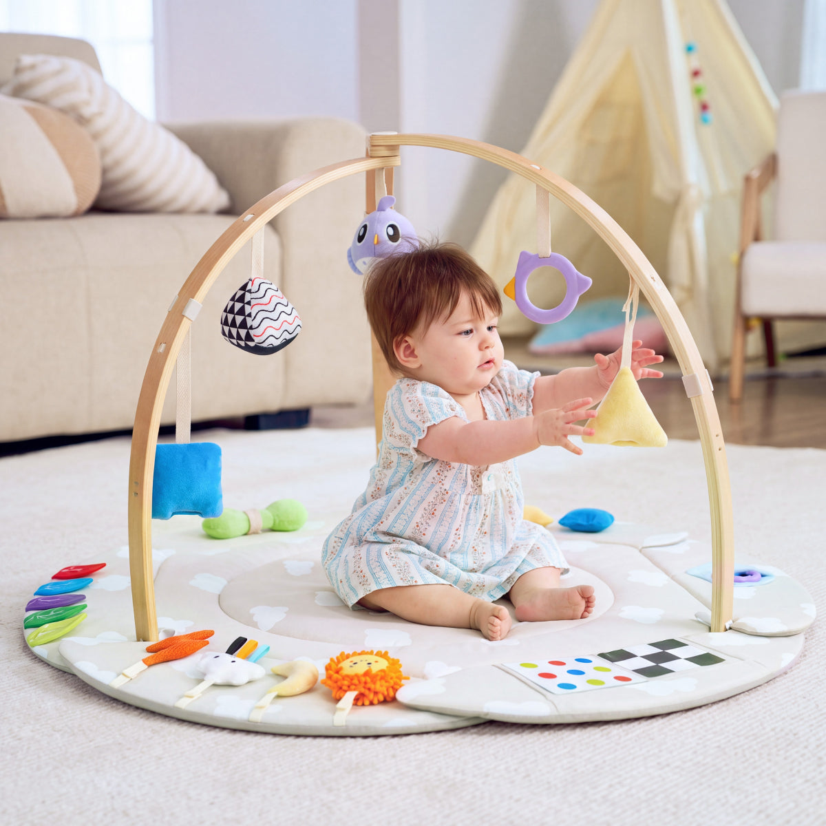 lalalark 2-in-1 Wooden Baby Play Gym with Play Mat