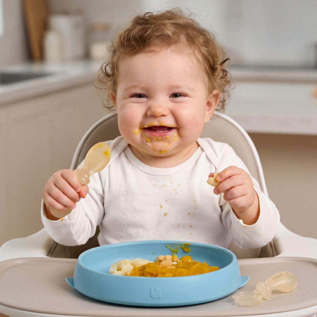 lalalark 3-in-1 PPSU Stage-Based Baby Plate & Feeding Set, Sea Salt Blue